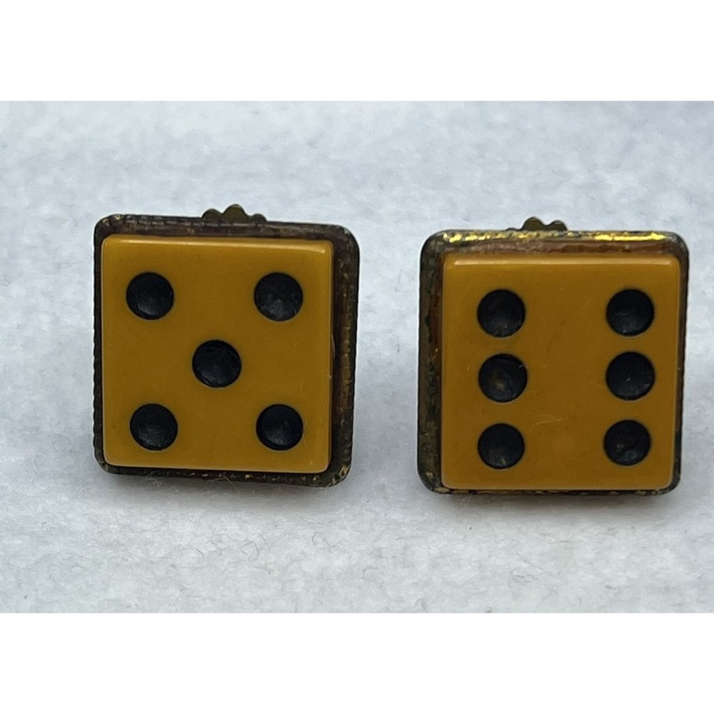 Vintage Dice Clip-On Earrings Yellow Bakelite Style Novelty Gambling Jewelry